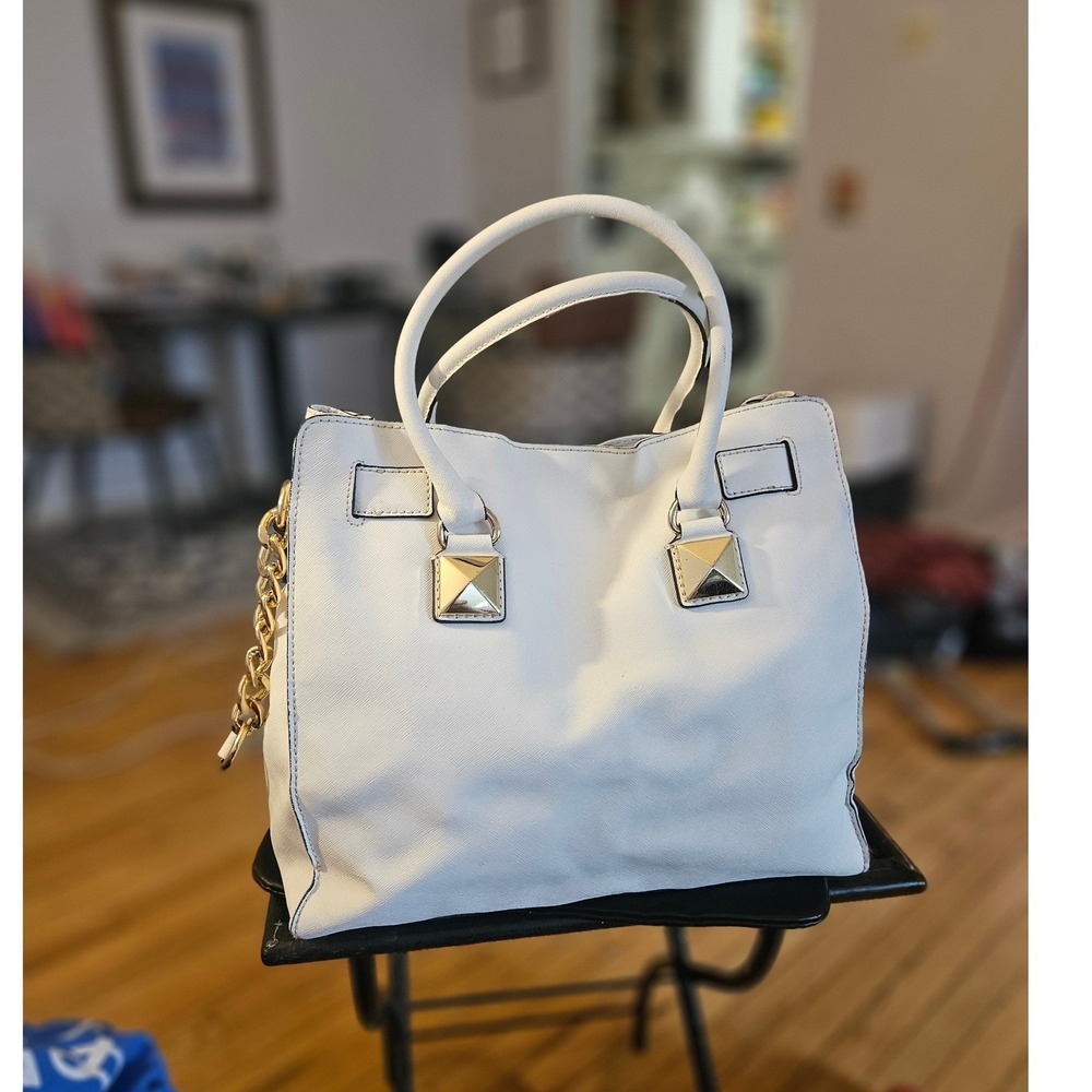 Michael Kors Hamilton Satchel White Saffiano Leather Gold Studded MK Padlock Bag - Picture 11 of 14